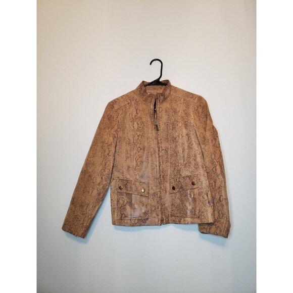 Alfani Womens Sz S Tan Brown Leather Jacket Long Sleeve Snakeskin Print Zip Up - Picture 1 of 5